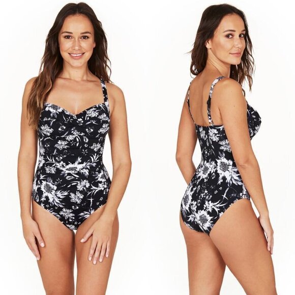 Niptuck Black Floral Printed Multi Fit Cup Ruched One Piece Swimsuit - Picture 1 of 6